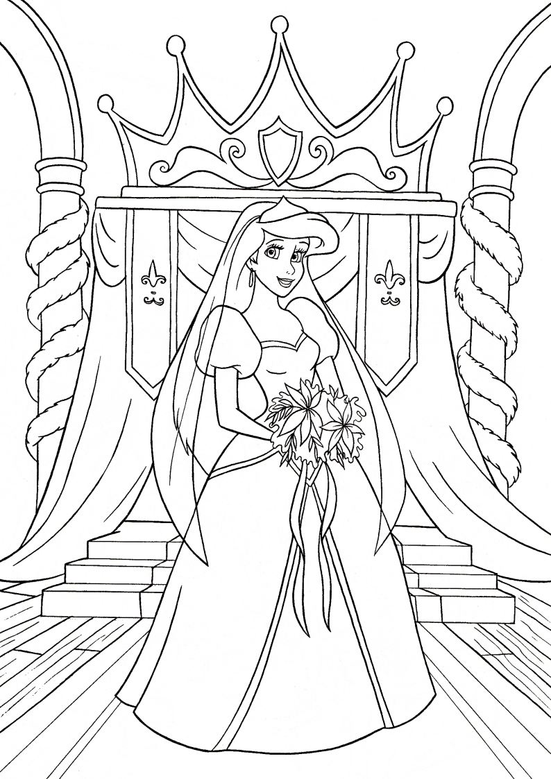 kolorowanka księżniczka Ariel w pięknej sukni ślubnej z bajki Disney Mała Syrenka, obrazek do wydruku i pokolorowania kredkami numer 26
